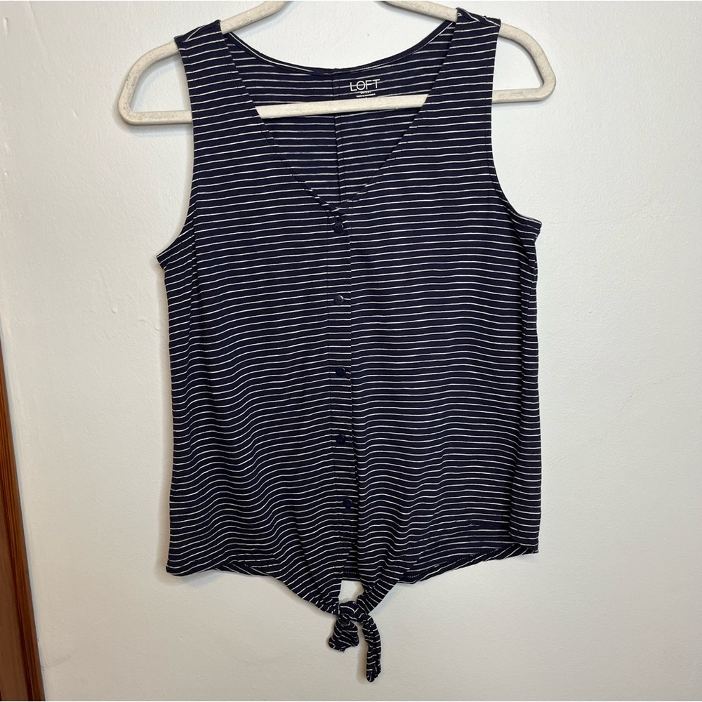 LOFT Outlet Navy Blue White Striped V Neck Button Tie Tank Sleeveless EUC Small